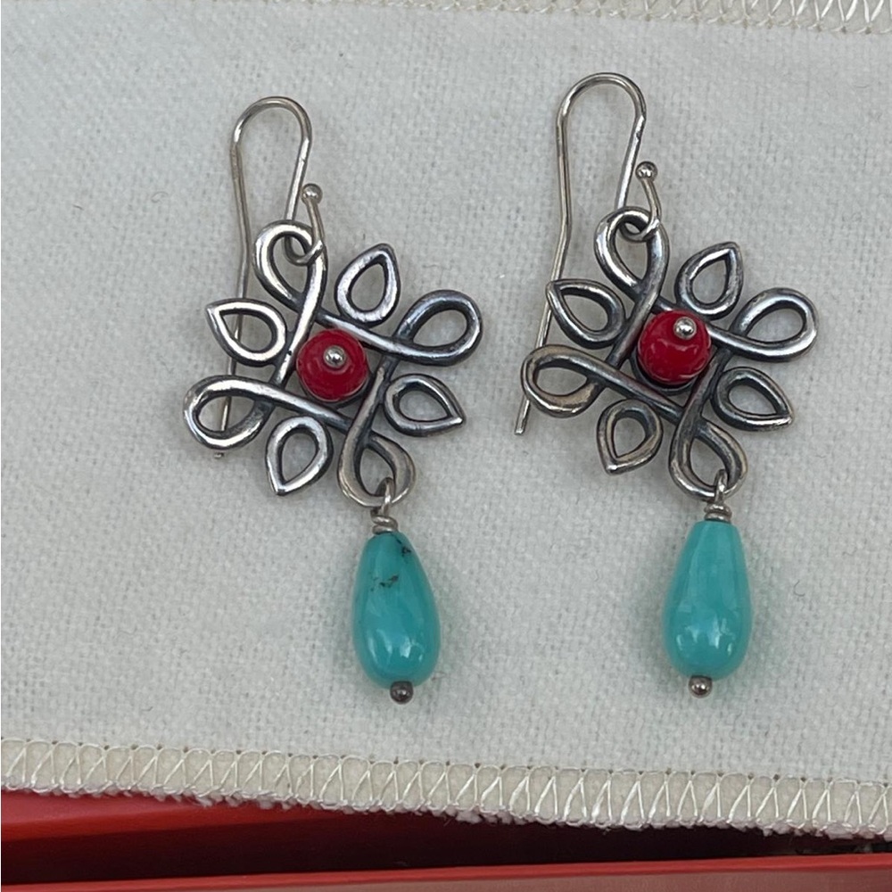 James Avery Floral Drop Earrings with Turquoise Teardrops and Red stone